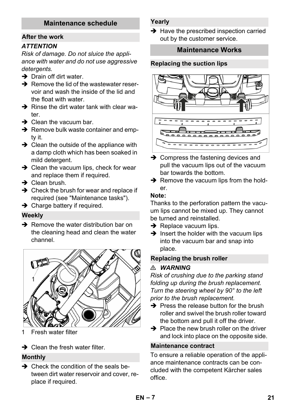 Maintenance schedule, After the work, Weekly | Monthly, Yearly, Maintenance works, Replacing the suction lips, Replacing the brush roller, Maintenance contract | Karcher BR 35-12 Bp Pack User Manual | Page 21 / 340