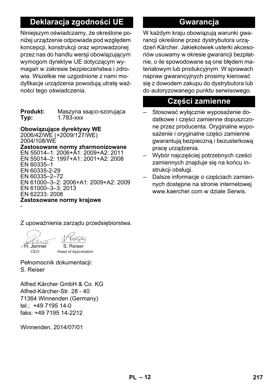 Deklaracja zgodności ue, Gwarancja, Części zamienne | Gwarancja części zamienne | Karcher BR 35-12 Bp Pack User Manual | Page 217 / 340