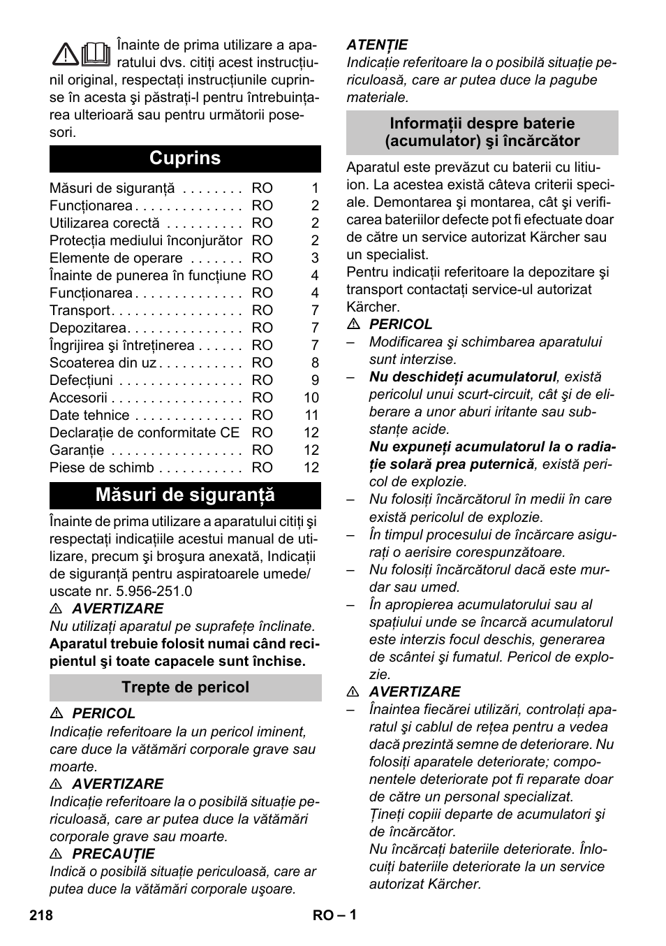 Româneşte, Cuprins, Măsuri de siguranţă | Trepte de pericol | Karcher BR 35-12 Bp Pack User Manual | Page 218 / 340