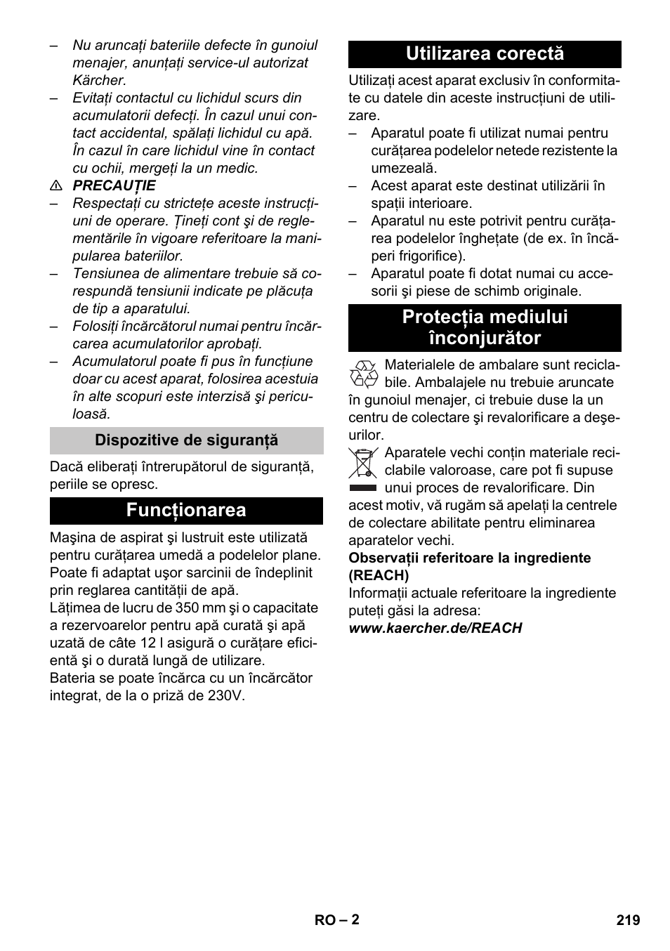 Dispozitive de siguranţă, Funcţionarea, Utilizarea corectă | Protecţia mediului înconjurător | Karcher BR 35-12 Bp Pack User Manual | Page 219 / 340