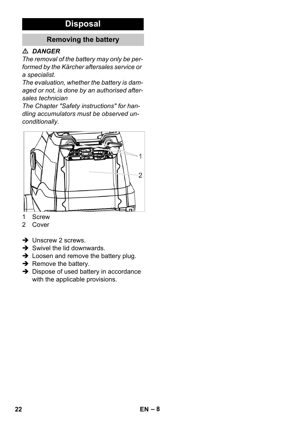 Disposal, Removing the battery | Karcher BR 35-12 Bp Pack User Manual | Page 22 / 340