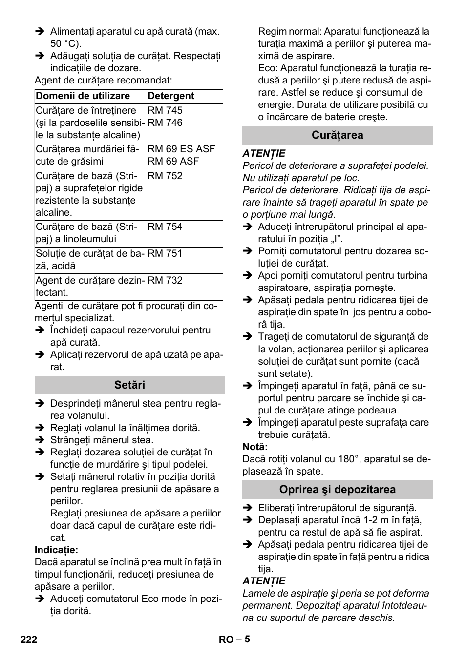 Setări, Curăţarea, Oprirea şi depozitarea | Karcher BR 35-12 Bp Pack User Manual | Page 222 / 340