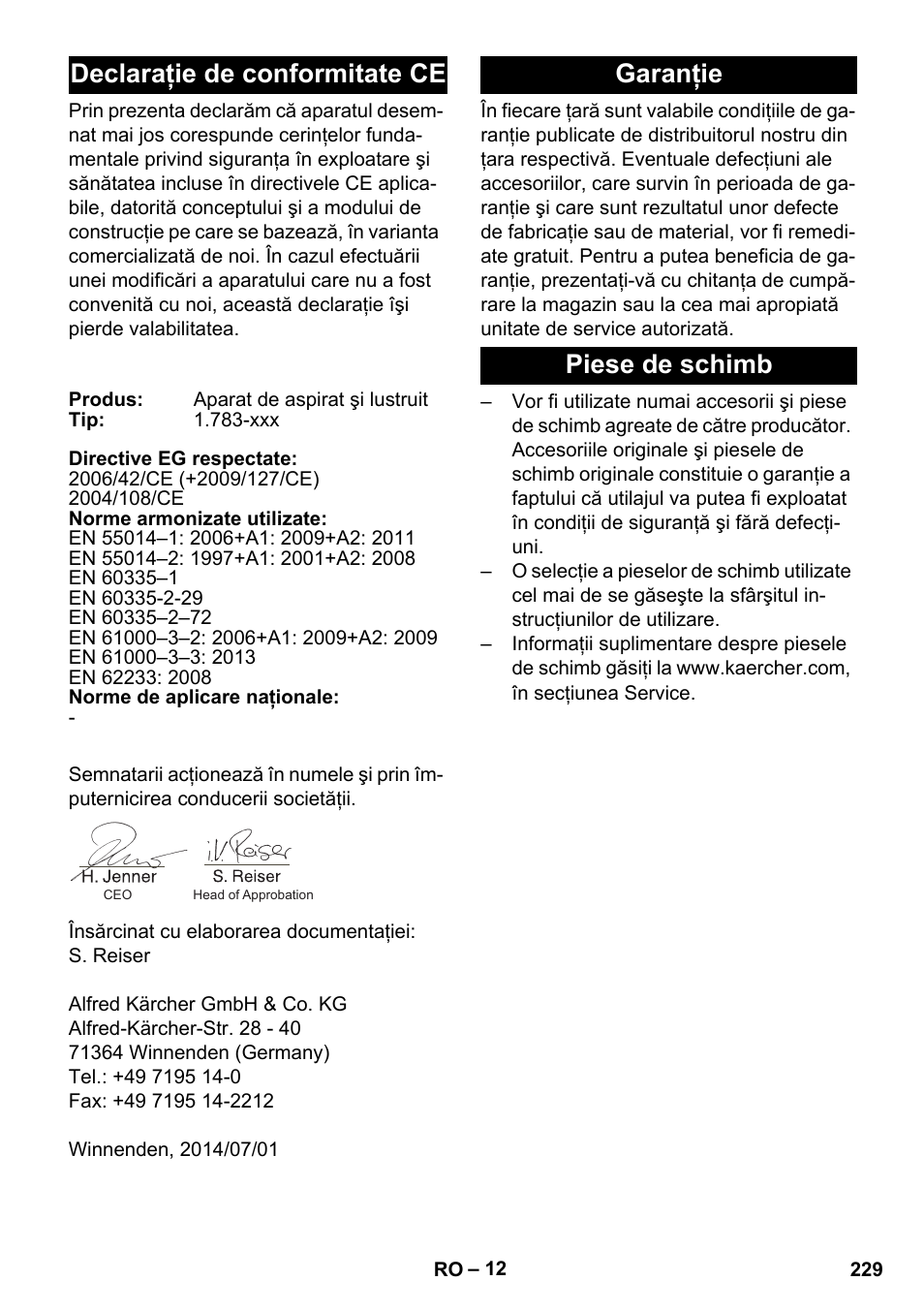 Declaraţie de conformitate ce, Garanţie, Piese de schimb | Garanţie piese de schimb | Karcher BR 35-12 Bp Pack User Manual | Page 229 / 340