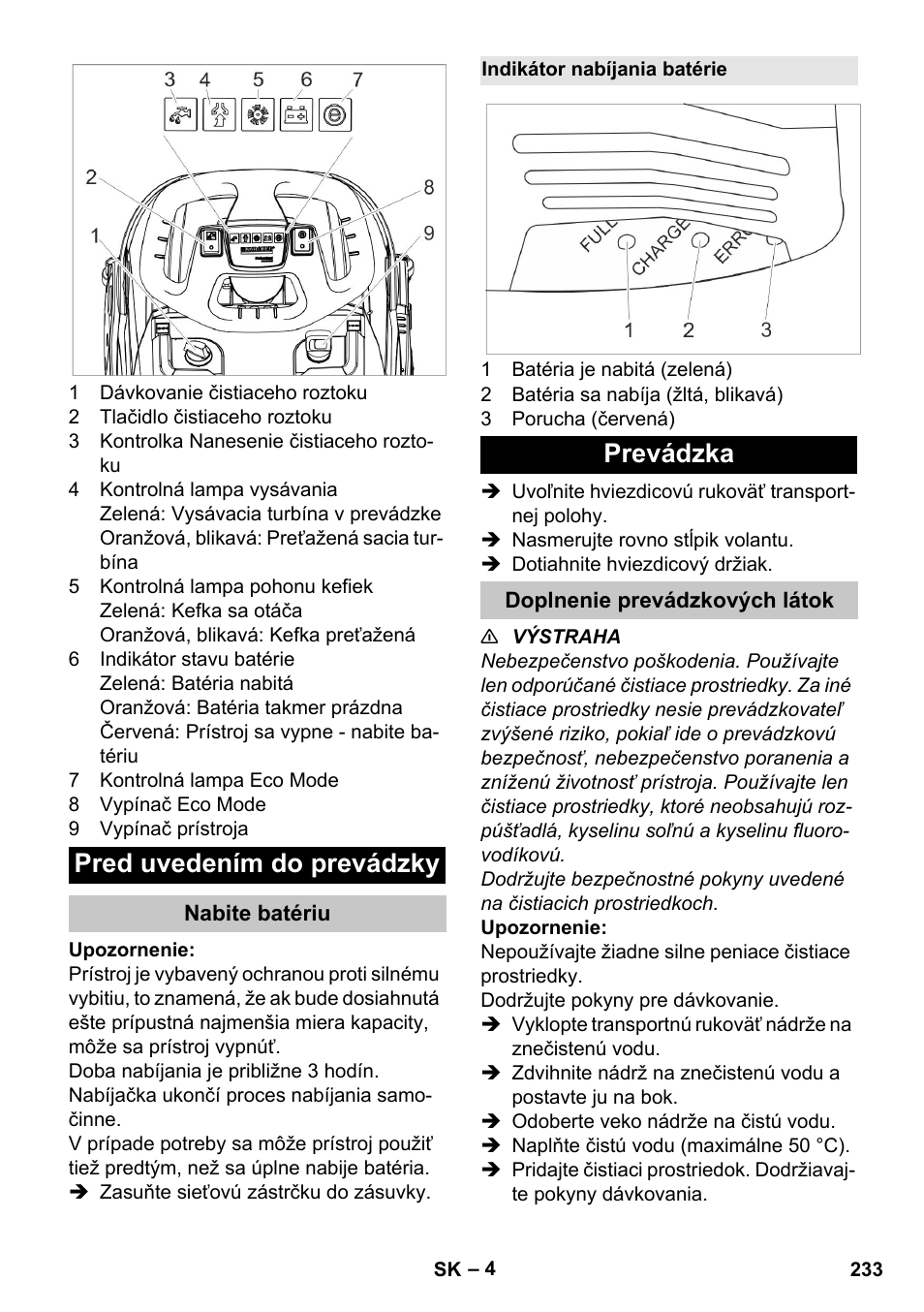 Pred uvedením do prevádzky, Nabite batériu, Indikátor nabíjania batérie | Prevádzka, Doplnenie prevádzkových látok | Karcher BR 35-12 Bp Pack User Manual | Page 233 / 340