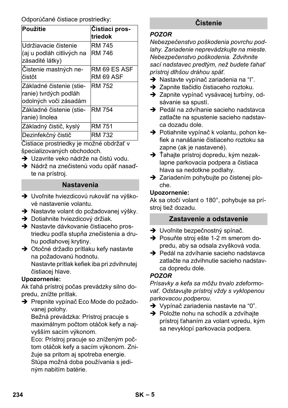 Nastavenia, Čistenie, Zastavenie a odstavenie | Karcher BR 35-12 Bp Pack User Manual | Page 234 / 340