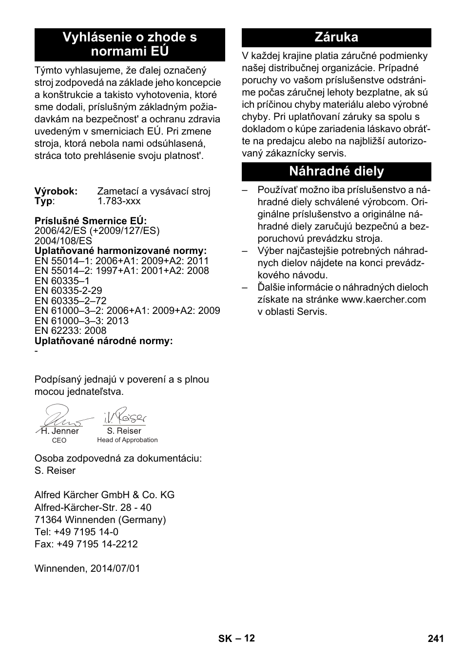 Vyhlásenie o zhode s normami eú, Záruka, Náhradné diely | Záruka náhradné diely | Karcher BR 35-12 Bp Pack User Manual | Page 241 / 340