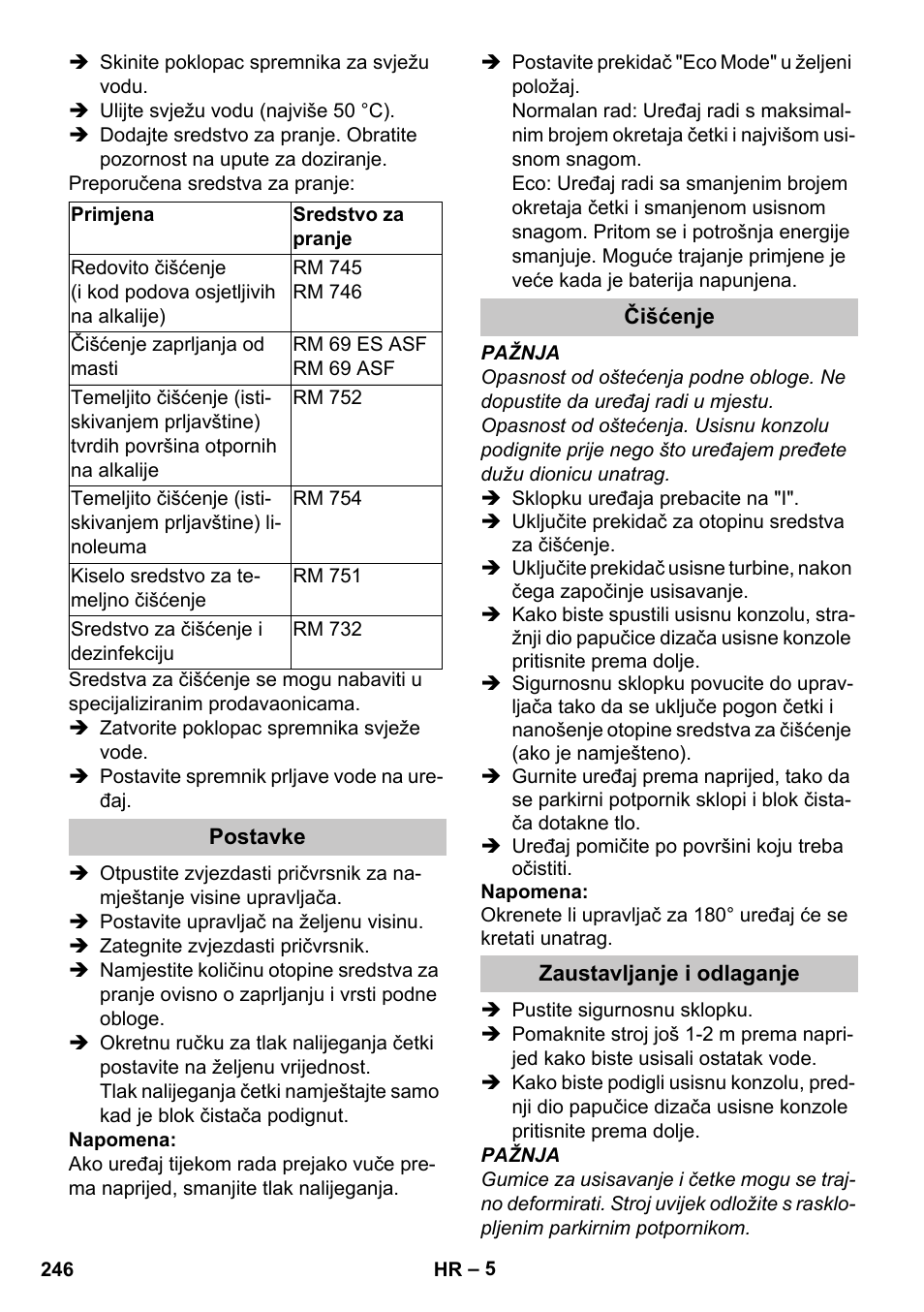 Postavke, Čišćenje, Zaustavljanje i odlaganje | Karcher BR 35-12 Bp Pack User Manual | Page 246 / 340