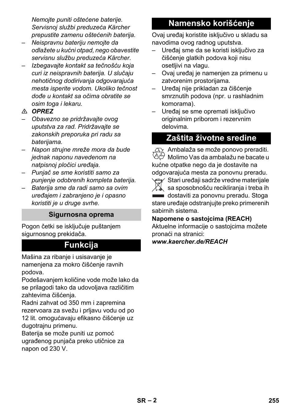 Sigurnosna oprema, Funkcija, Namensko korišćenje | Zaštita životne sredine | Karcher BR 35-12 Bp Pack User Manual | Page 255 / 340