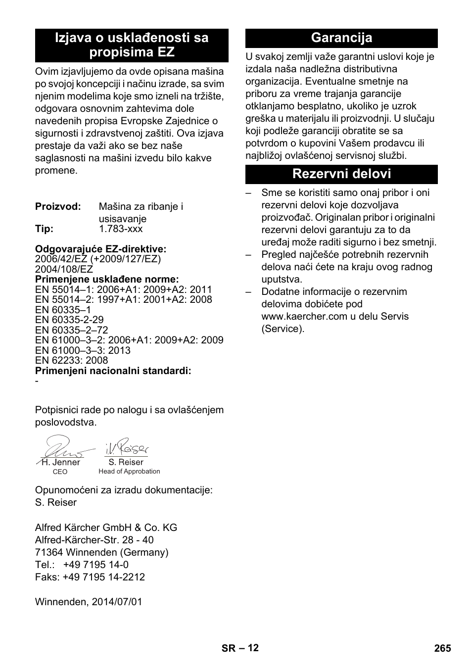 Izjava o usklađenosti sa propisima ez, Garancija, Rezervni delovi | Garancija rezervni delovi | Karcher BR 35-12 Bp Pack User Manual | Page 265 / 340