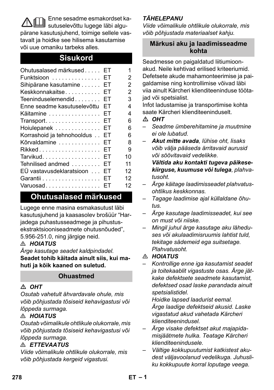 Eesti, Sisukord, Ohutusalased märkused | Ohuastmed, Märkusi aku ja laadimisseadme kohta | Karcher BR 35-12 Bp Pack User Manual | Page 278 / 340