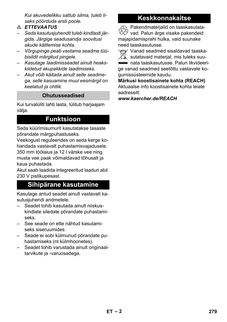 Ohutusseadised, Funktsioon, Sihipärane kasutamine | Keskkonnakaitse, Funktsioon sihipärane kasutamine keskkonnakaitse | Karcher BR 35-12 Bp Pack User Manual | Page 279 / 340