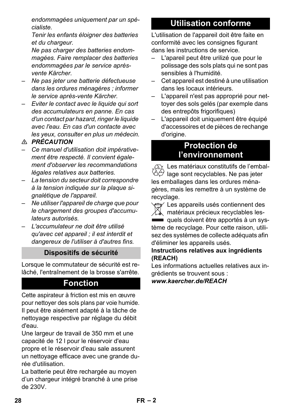 Dispositifs de sécurité, Fonction, Utilisation conforme | Protection de l’environnement | Karcher BR 35-12 Bp Pack User Manual | Page 28 / 340