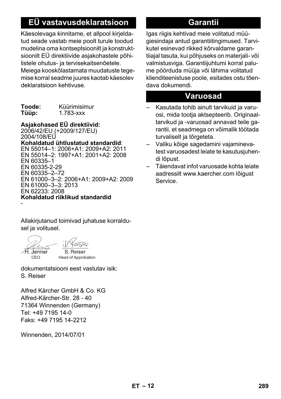 Eü vastavusdeklaratsioon, Garantii, Varuosad | Garantii varuosad | Karcher BR 35-12 Bp Pack User Manual | Page 289 / 340