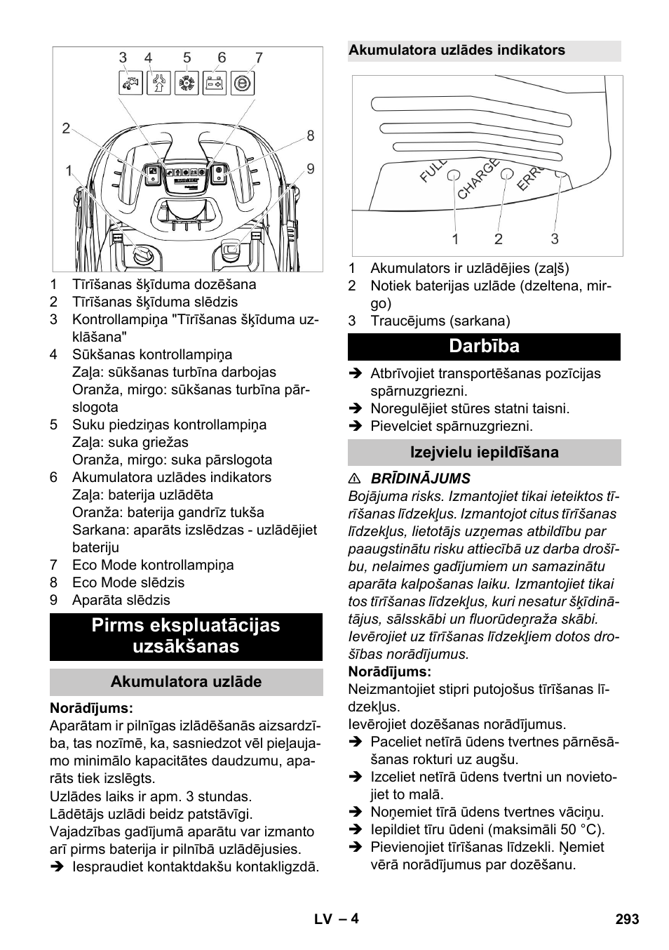 Pirms ekspluatācijas uzsākšanas, Akumulatora uzlāde, Akumulatora uzlādes indikators | Darbība, Izejvielu iepildīšana | Karcher BR 35-12 Bp Pack User Manual | Page 293 / 340