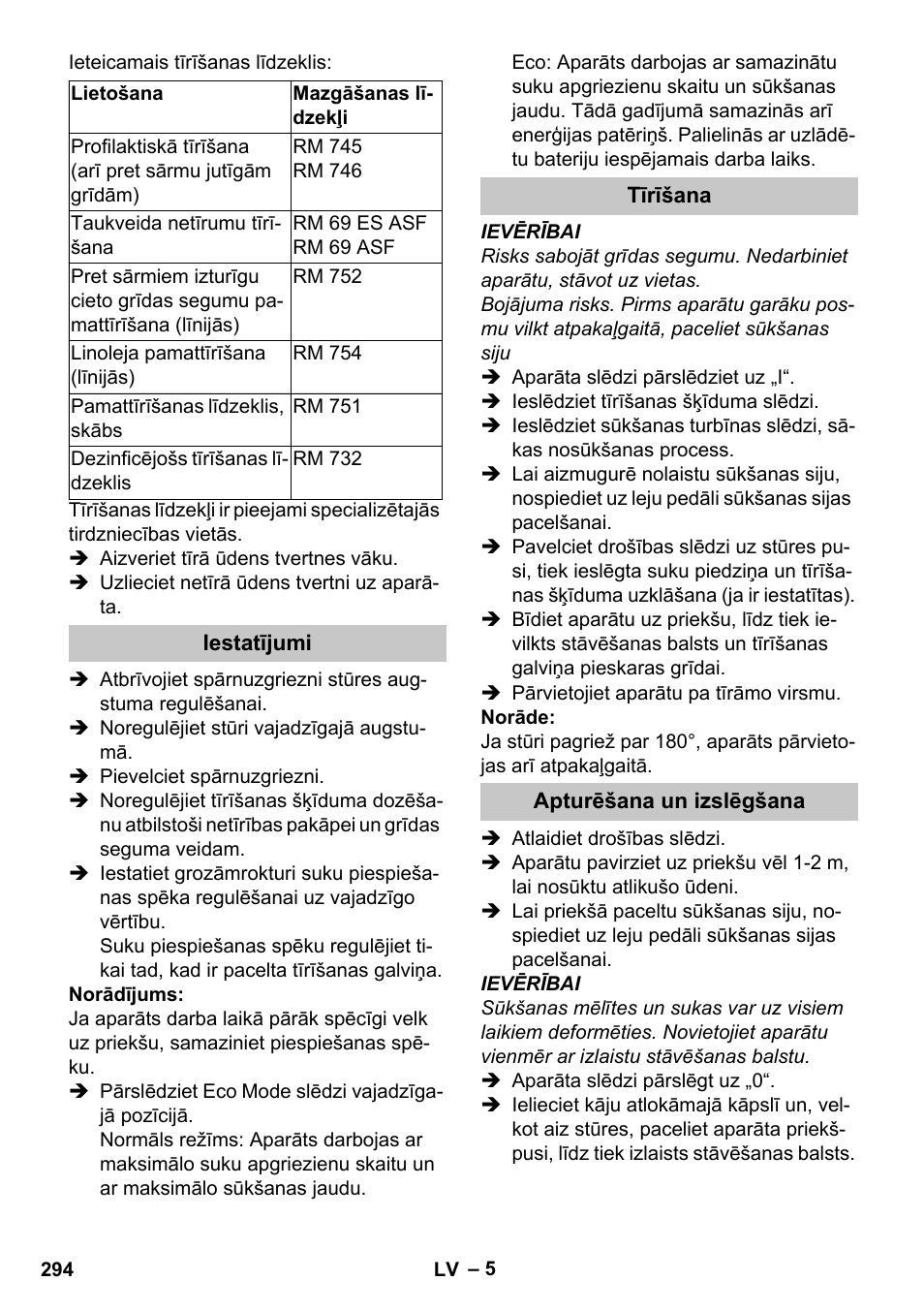 Iestatījumi, Tīrīšana, Apturēšana un izslēgšana | Karcher BR 35-12 Bp Pack User Manual | Page 294 / 340