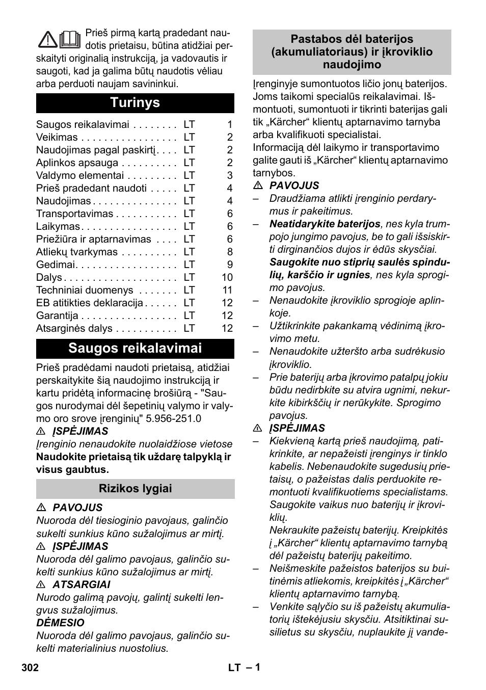 Lietuviškai, Turinys, Saugos reikalavimai | Rizikos lygiai | Karcher BR 35-12 Bp Pack User Manual | Page 302 / 340