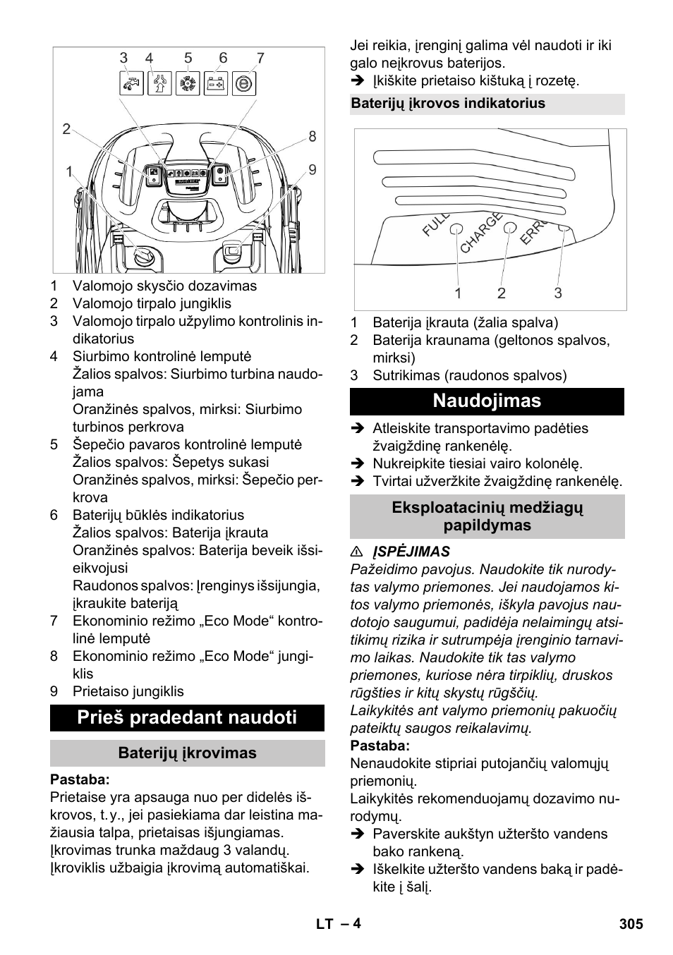 Prieš pradedant naudoti, Baterijų įkrovimas, Baterijų įkrovos indikatorius | Naudojimas, Eksploatacinių medžiagų papildymas | Karcher BR 35-12 Bp Pack User Manual | Page 305 / 340