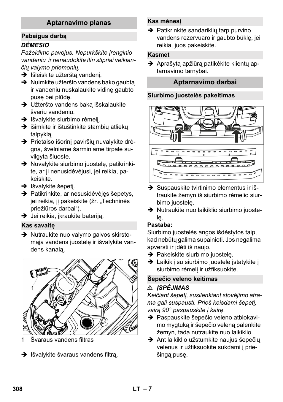 Aptarnavimo planas, Pabaigus darbą, Kas savaitę | Kas mėnesį, Kasmet, Aptarnavimo darbai, Siurbimo juostelės pakeitimas, Šepečio veleno keitimas | Karcher BR 35-12 Bp Pack User Manual | Page 308 / 340