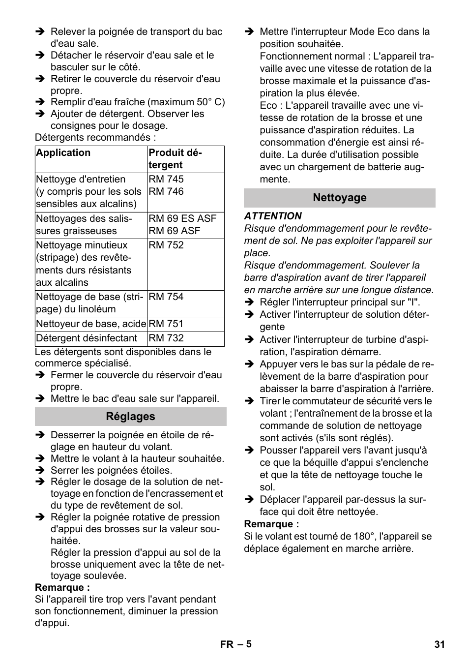 Réglages, Nettoyage | Karcher BR 35-12 Bp Pack User Manual | Page 31 / 340