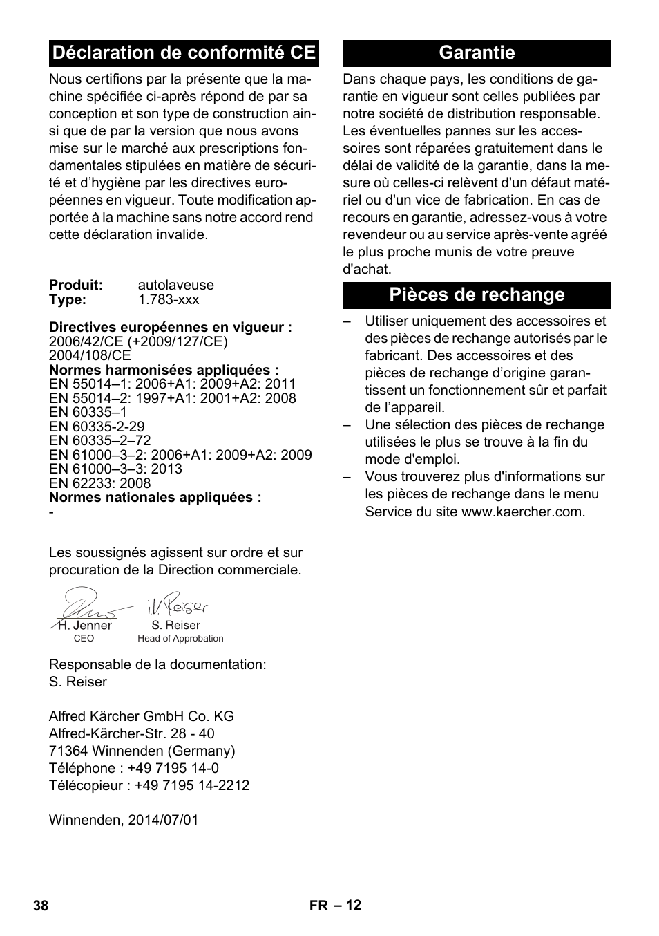 Déclaration de conformité ce, Garantie, Pièces de rechange | Garantie pièces de rechange | Karcher BR 35-12 Bp Pack User Manual | Page 38 / 340