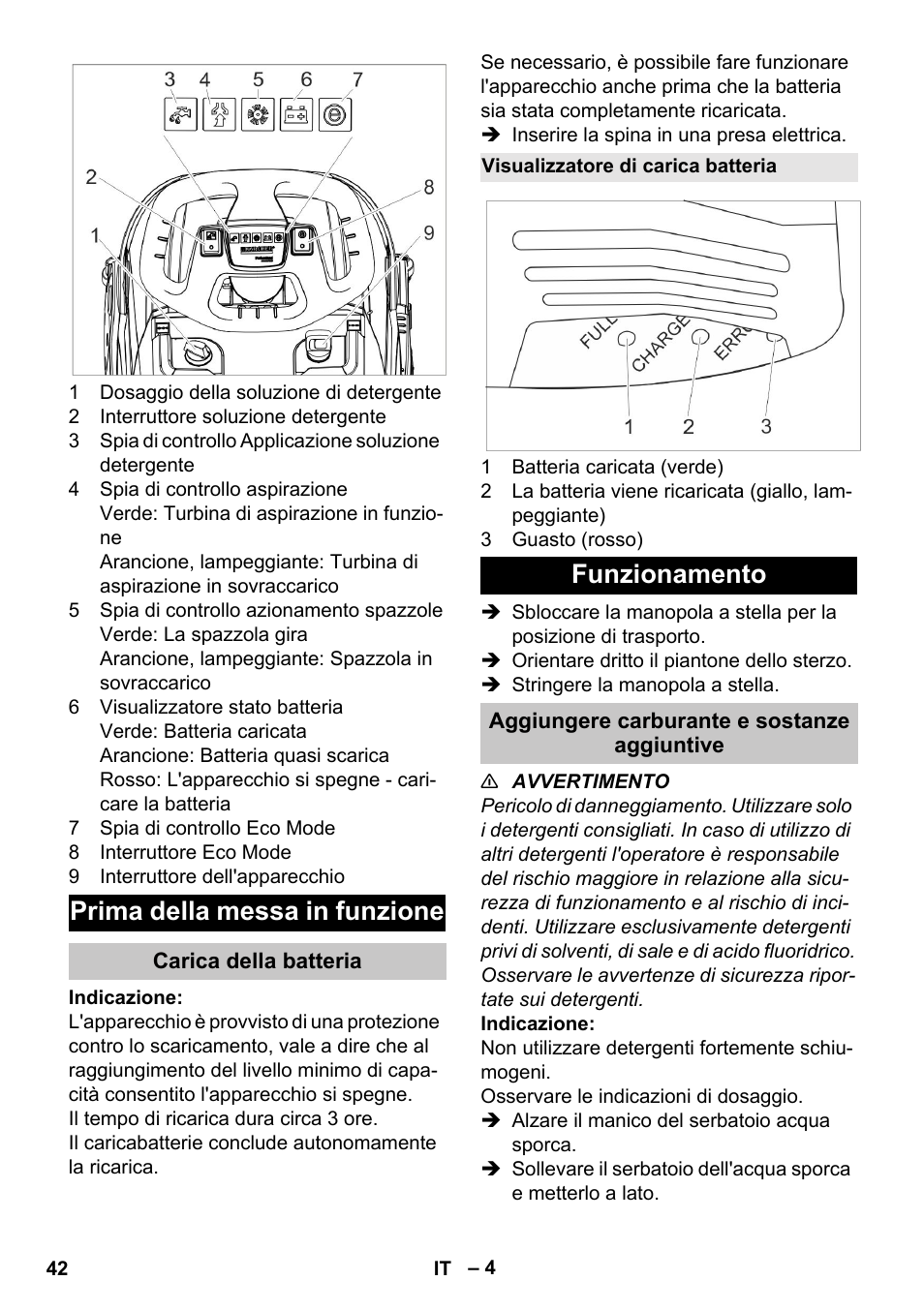 Prima della messa in funzione, Carica della batteria, Visualizzatore di carica batteria | Funzionamento, Aggiungere carburante e sostanze aggiuntive | Karcher BR 35-12 Bp Pack User Manual | Page 42 / 340