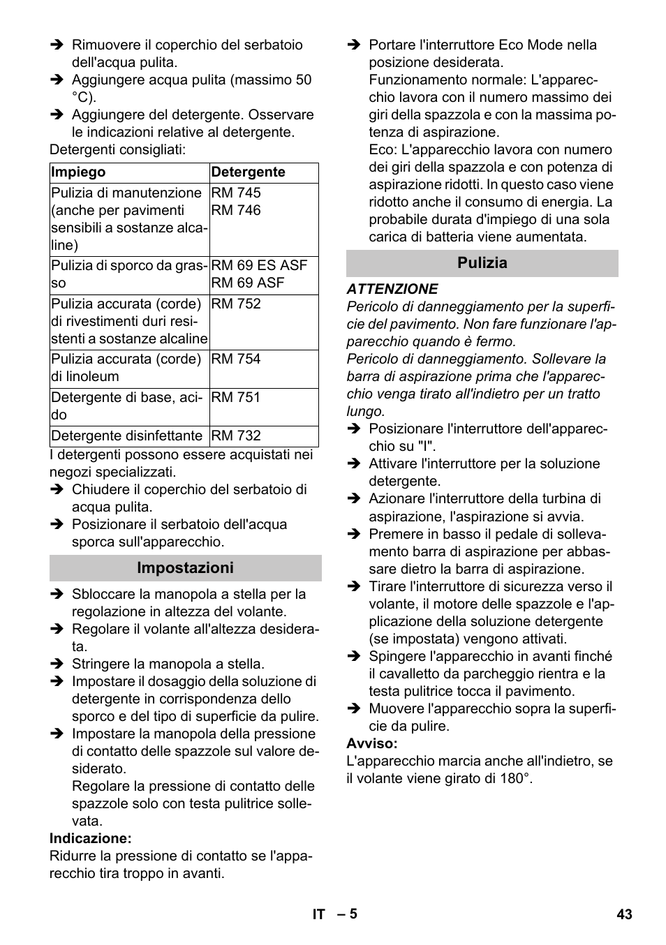 Impostazioni, Pulizia | Karcher BR 35-12 Bp Pack User Manual | Page 43 / 340