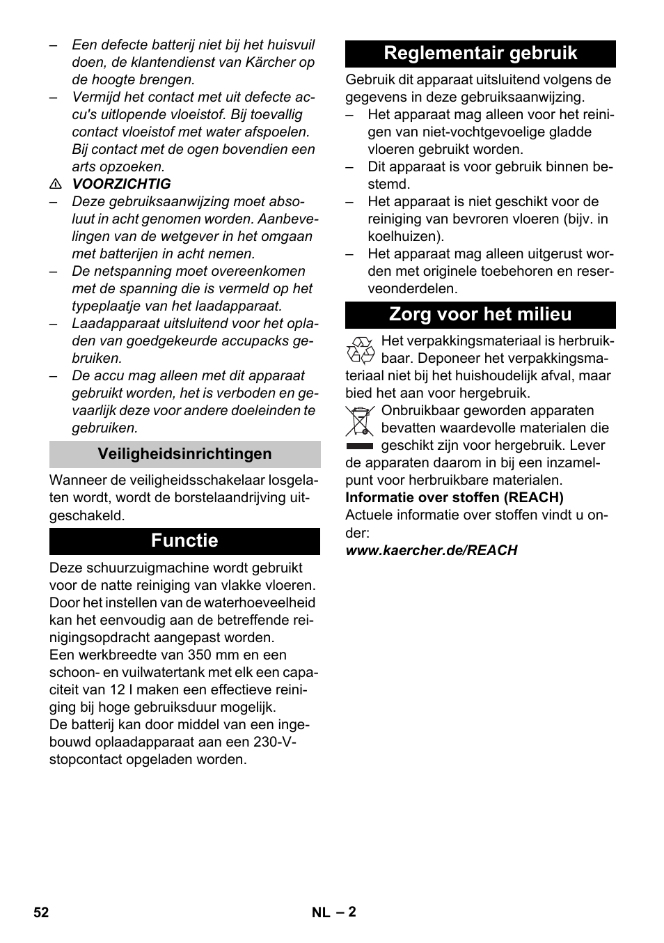 Veiligheidsinrichtingen, Functie, Reglementair gebruik | Zorg voor het milieu, Functie reglementair gebruik zorg voor het milieu | Karcher BR 35-12 Bp Pack User Manual | Page 52 / 340