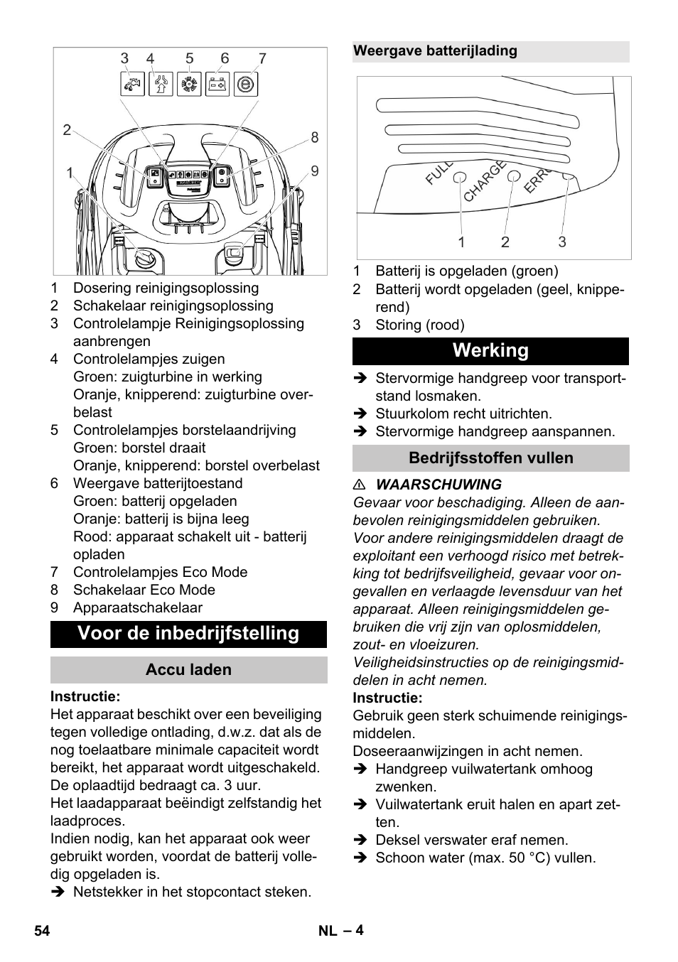 Voor de inbedrijfstelling, Accu laden, Weergave batterijlading | Werking, Bedrijfsstoffen vullen | Karcher BR 35-12 Bp Pack User Manual | Page 54 / 340