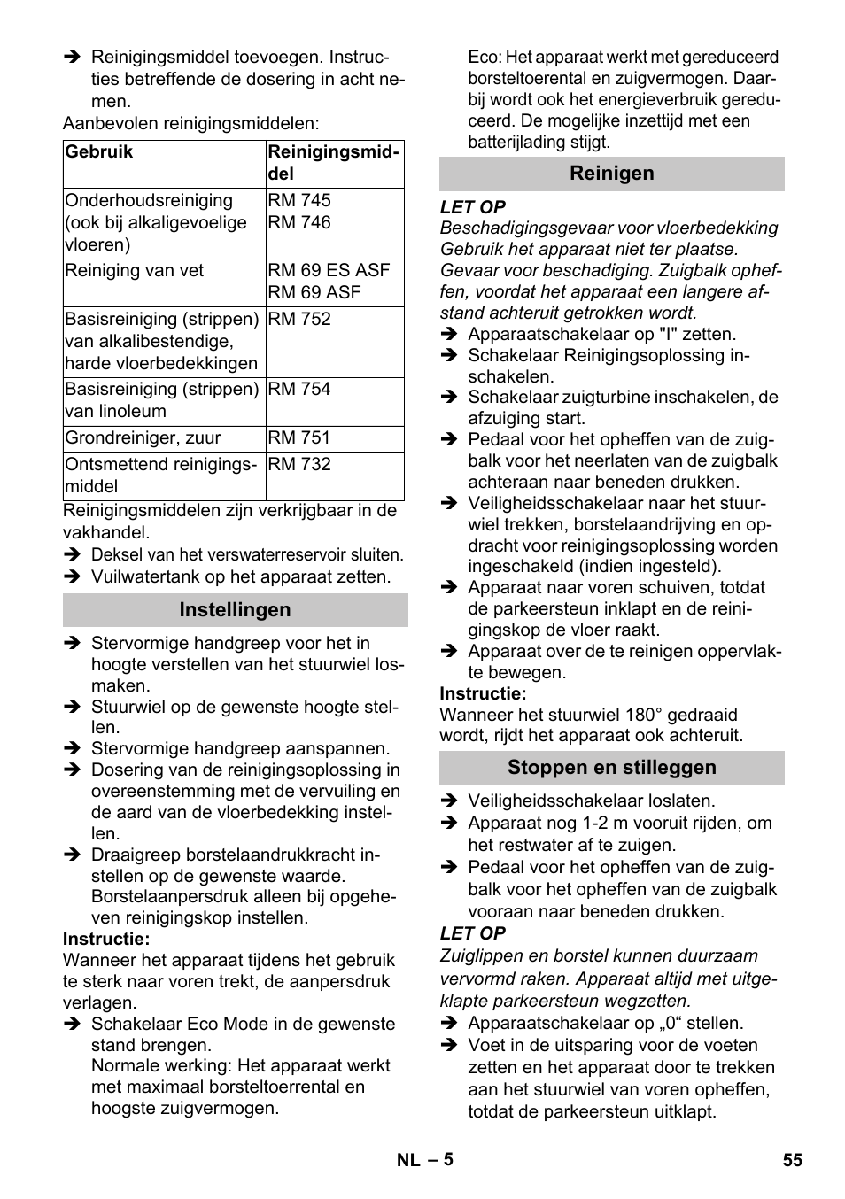 Instellingen, Reinigen, Stoppen en stilleggen | Karcher BR 35-12 Bp Pack User Manual | Page 55 / 340