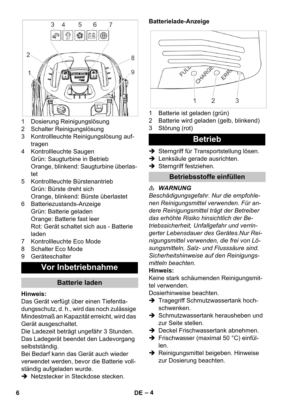 Vor inbetriebnahme, Batterie laden, Batterielade-anzeige | Betrieb, Betriebsstoffe einfüllen | Karcher BR 35-12 Bp Pack User Manual | Page 6 / 340