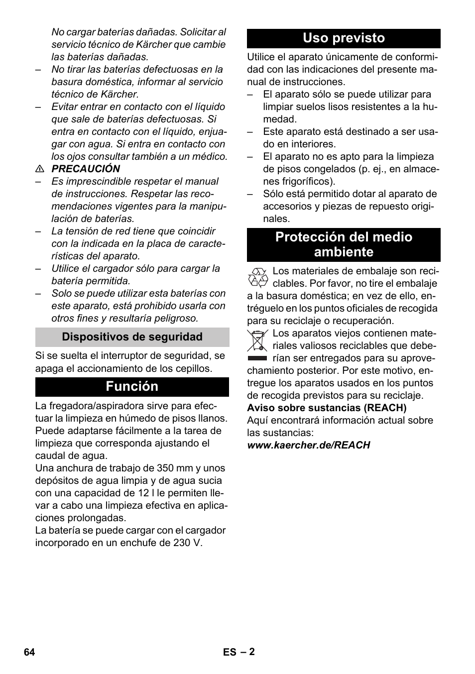 Dispositivos de seguridad, Función, Uso previsto | Protección del medio ambiente, Función uso previsto protección del medio ambiente | Karcher BR 35-12 Bp Pack User Manual | Page 64 / 340