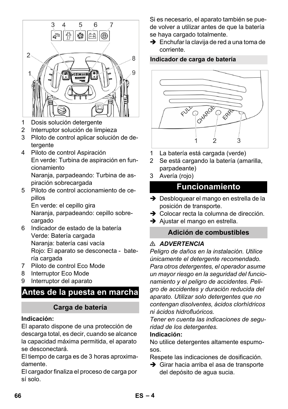 Antes de la puesta en marcha, Carga de batería, Indicador de carga de batería | Funcionamiento, Adición de combustibles | Karcher BR 35-12 Bp Pack User Manual | Page 66 / 340