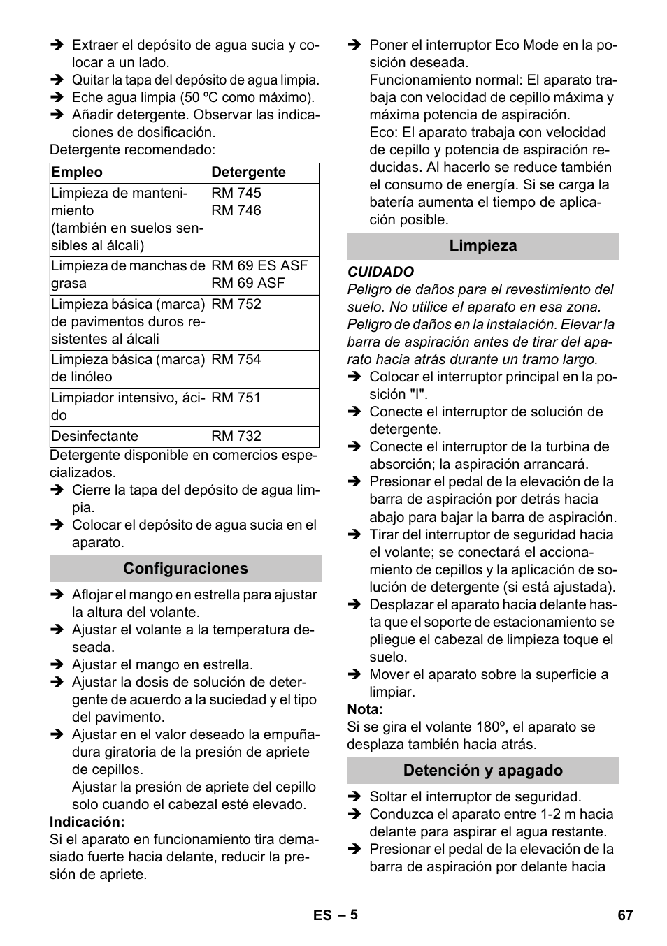 Configuraciones, Limpieza, Detención y apagado | Karcher BR 35-12 Bp Pack User Manual | Page 67 / 340