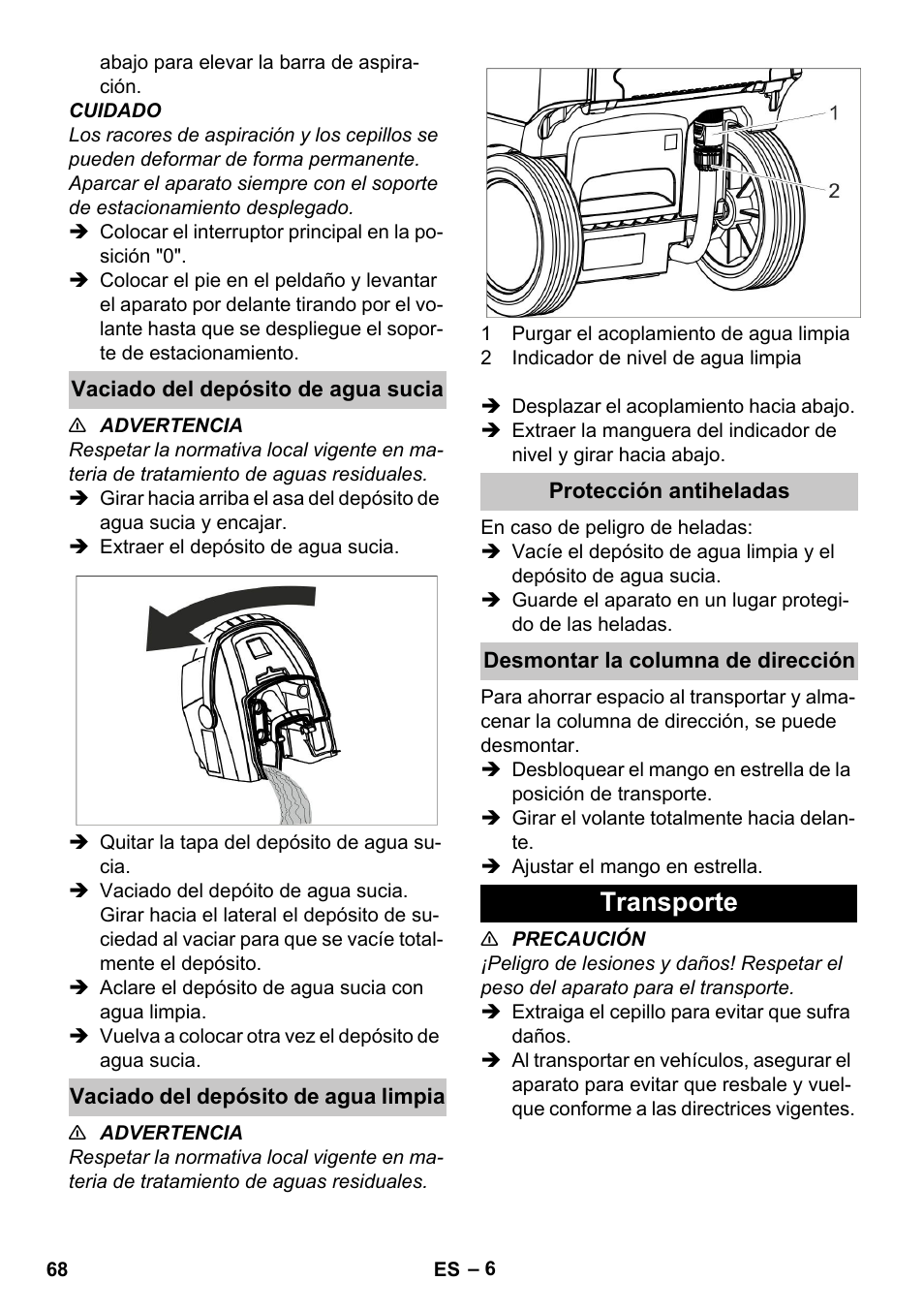 Vaciado del depósito de agua sucia, Vaciado del depósito de agua limpia, Protección antiheladas | Desmontar la columna de dirección, Transporte | Karcher BR 35-12 Bp Pack User Manual | Page 68 / 340