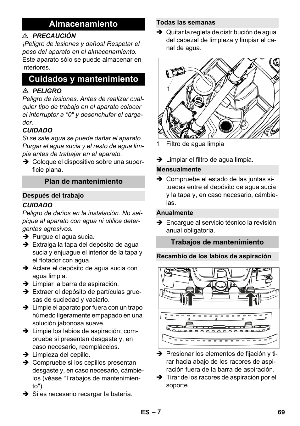 Almacenamiento, Cuidados y mantenimiento, Plan de mantenimiento | Después del trabajo, Todas las semanas, Mensualmente, Anualmente, Trabajos de mantenimiento, Recambio de los labios de aspiración, Almacenamiento cuidados y mantenimiento | Karcher BR 35-12 Bp Pack User Manual | Page 69 / 340