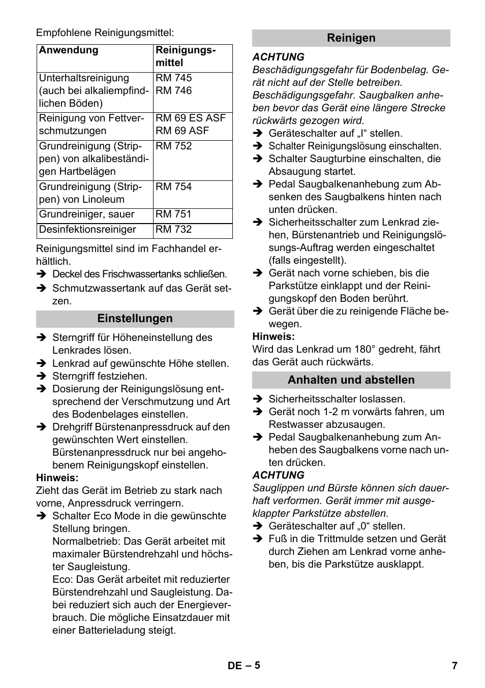 Einstellungen, Reinigen, Anhalten und abstellen | Karcher BR 35-12 Bp Pack User Manual | Page 7 / 340