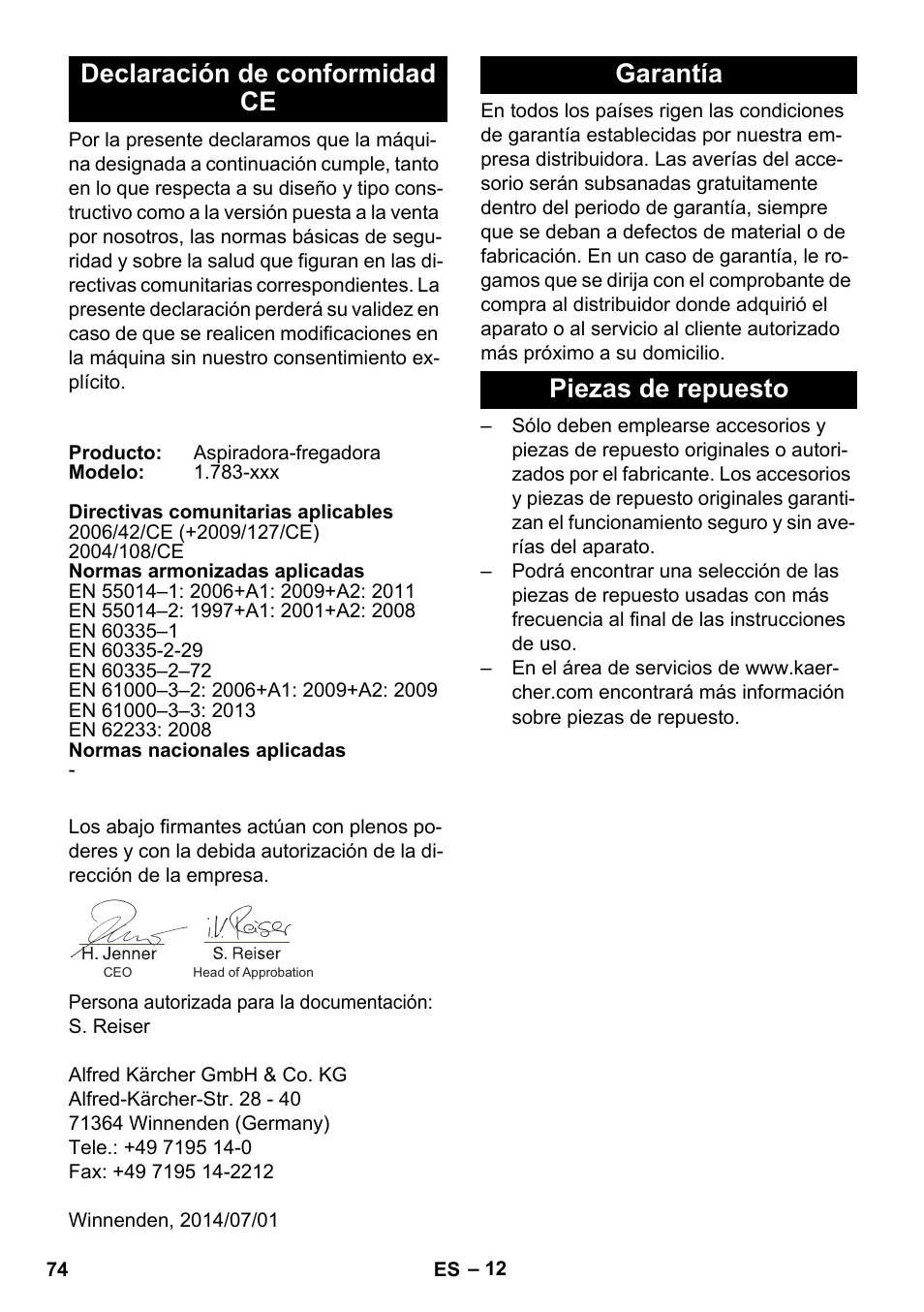 Declaración de conformidad ce, Garantía, Piezas de repuesto | Garantía piezas de repuesto | Karcher BR 35-12 Bp Pack User Manual | Page 74 / 340