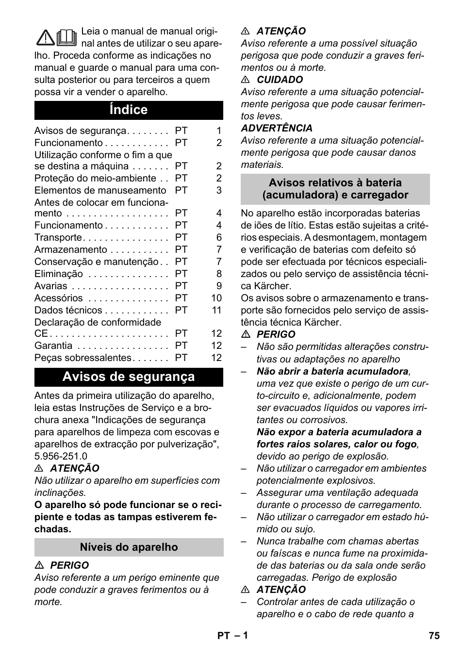 Português, Índice, Avisos de segurança | Níveis do aparelho | Karcher BR 35-12 Bp Pack User Manual | Page 75 / 340