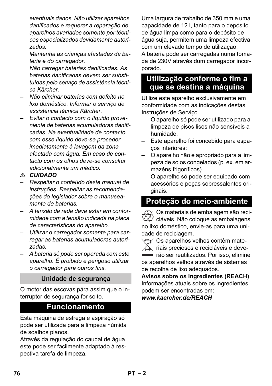 Unidade de segurança, Funcionamento, Proteção do meio-ambiente | Karcher BR 35-12 Bp Pack User Manual | Page 76 / 340