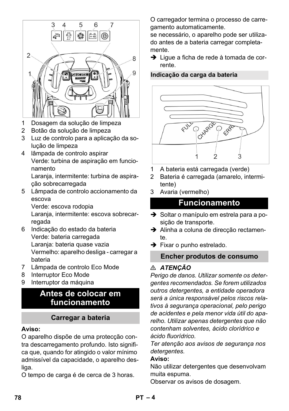 Antes de colocar em funcionamento, Carregar a bateria, Indicação da carga da bateria | Funcionamento, Encher produtos de consumo | Karcher BR 35-12 Bp Pack User Manual | Page 78 / 340