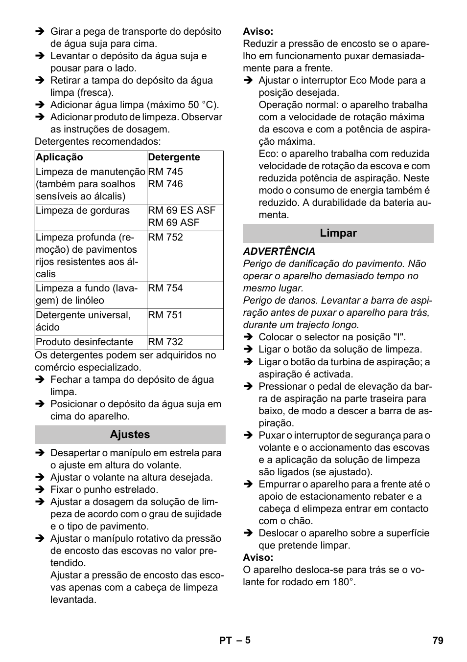 Ajustes, Limpar | Karcher BR 35-12 Bp Pack User Manual | Page 79 / 340