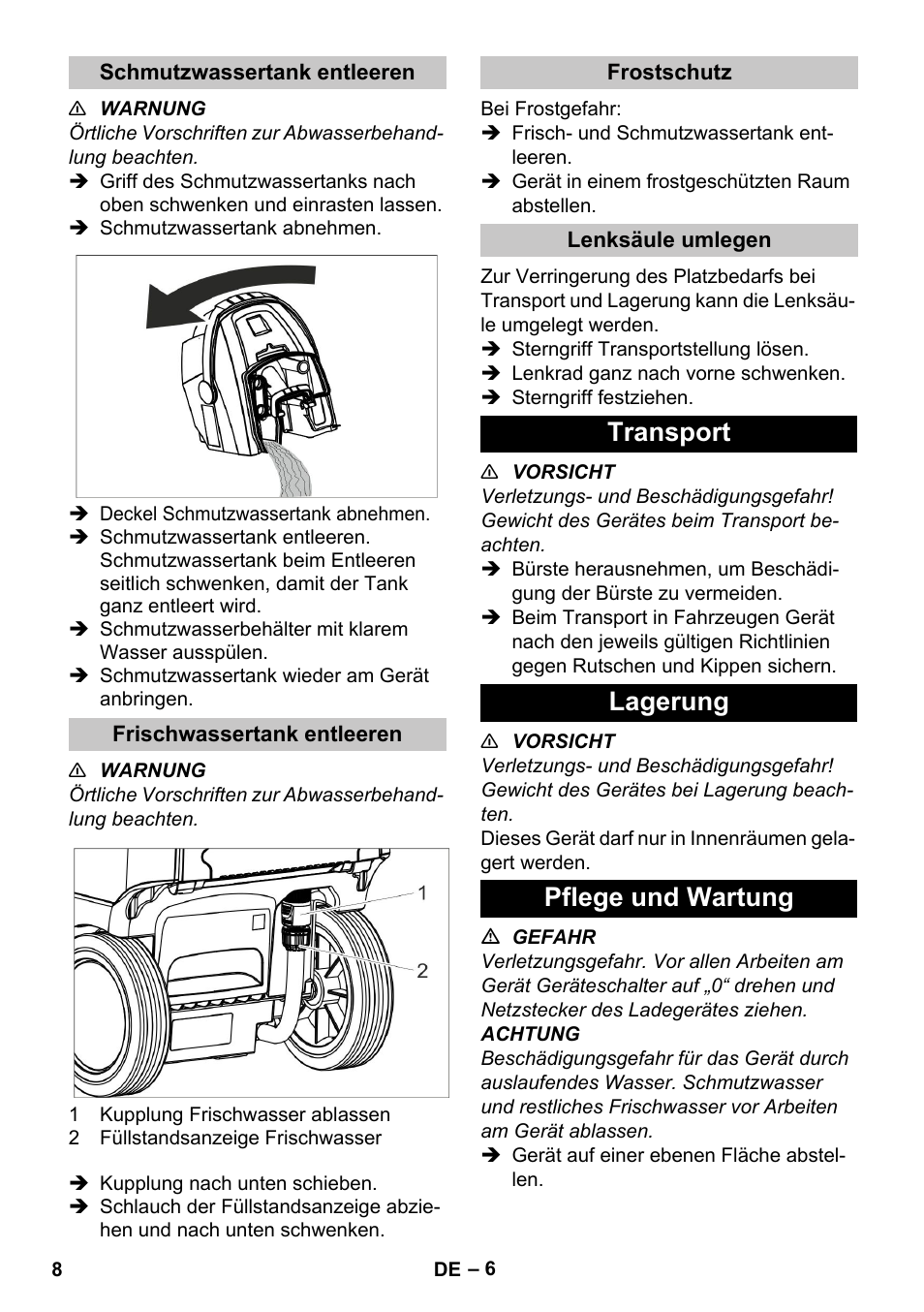 Schmutzwassertank entleeren, Frischwassertank entleeren, Frostschutz | Lenksäule umlegen, Transport, Lagerung, Pflege und wartung, Transport lagerung pflege und wartung | Karcher BR 35-12 Bp Pack User Manual | Page 8 / 340