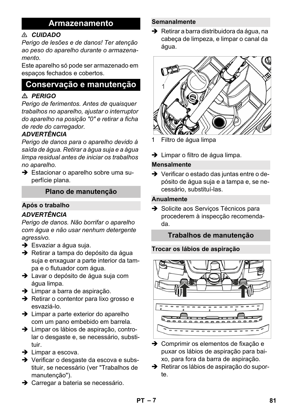 Armazenamento, Conservação e manutenção, Plano de manutenção | Após o trabalho, Semanalmente, Mensalmente, Anualmente, Trabalhos de manutenção, Trocar os lábios de aspiração, Armazenamento conservação e manutenção | Karcher BR 35-12 Bp Pack User Manual | Page 81 / 340