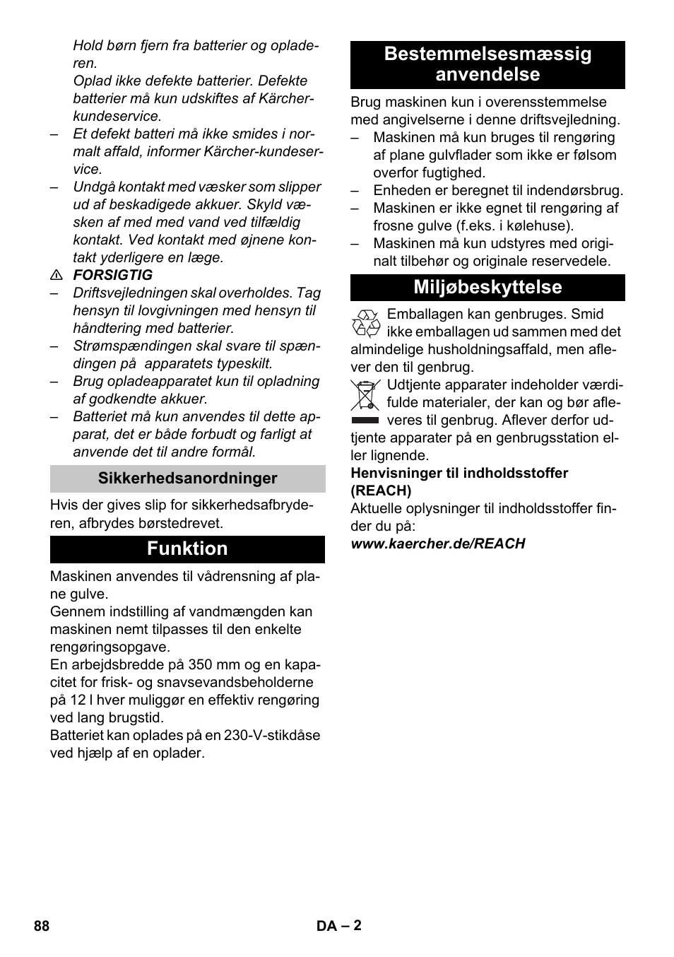 Sikkerhedsanordninger, Funktion, Bestemmelsesmæssig anvendelse | Miljøbeskyttelse | Karcher BR 35-12 Bp Pack User Manual | Page 88 / 340