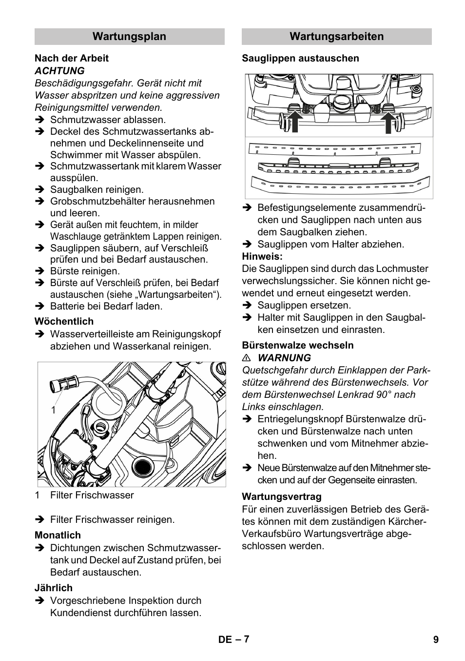 Wartungsplan, Nach der arbeit, Wöchentlich | Monatlich, Jährlich, Wartungsarbeiten, Sauglippen austauschen, Bürstenwalze wechseln, Wartungsvertrag | Karcher BR 35-12 Bp Pack User Manual | Page 9 / 340