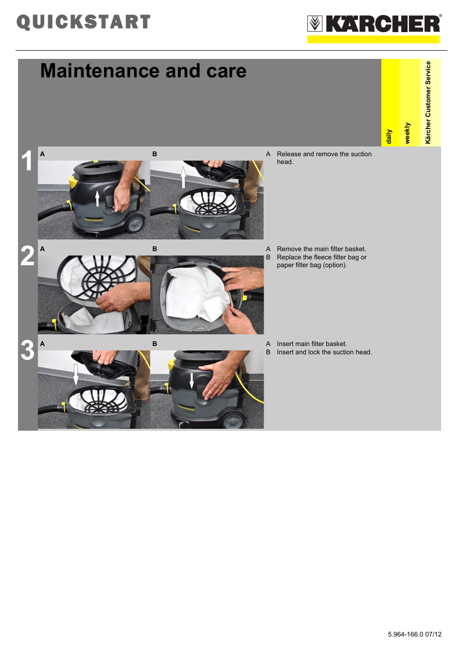 Quickstart, Maintenance and care | Karcher T 15-1 + ESB 34 User Manual | Page 2 / 2