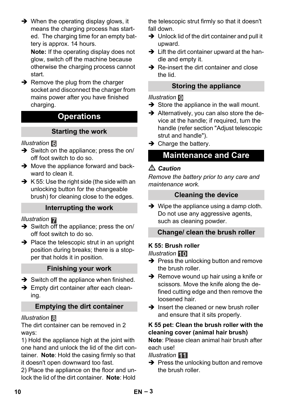 Operations, Maintenance and care | Karcher K 55 Pet Plus User Manual | Page 10 / 136