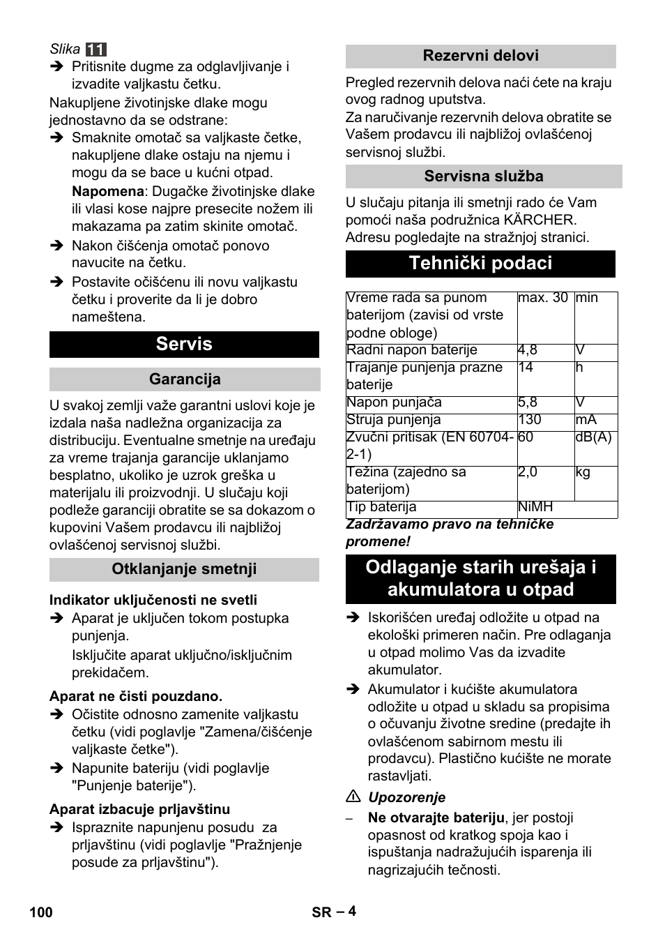 Servis, Tehnički podaci, Odlaganje starih urešaja i akumulatora u otpad | Karcher K 55 Pet Plus User Manual | Page 100 / 136