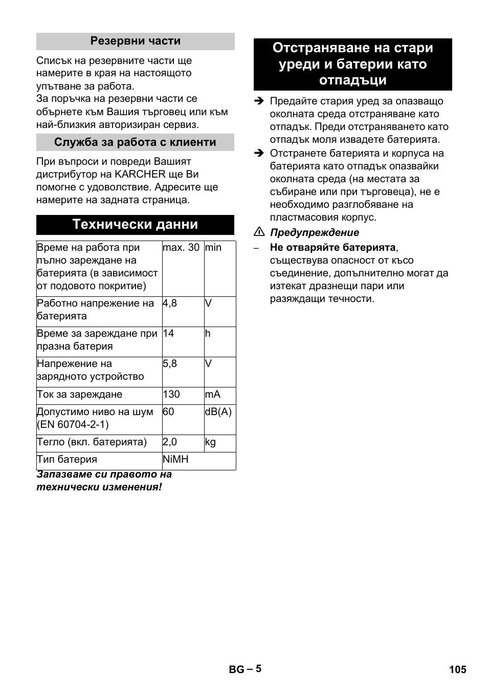 Технически данни | Karcher K 55 Pet Plus User Manual | Page 105 / 136