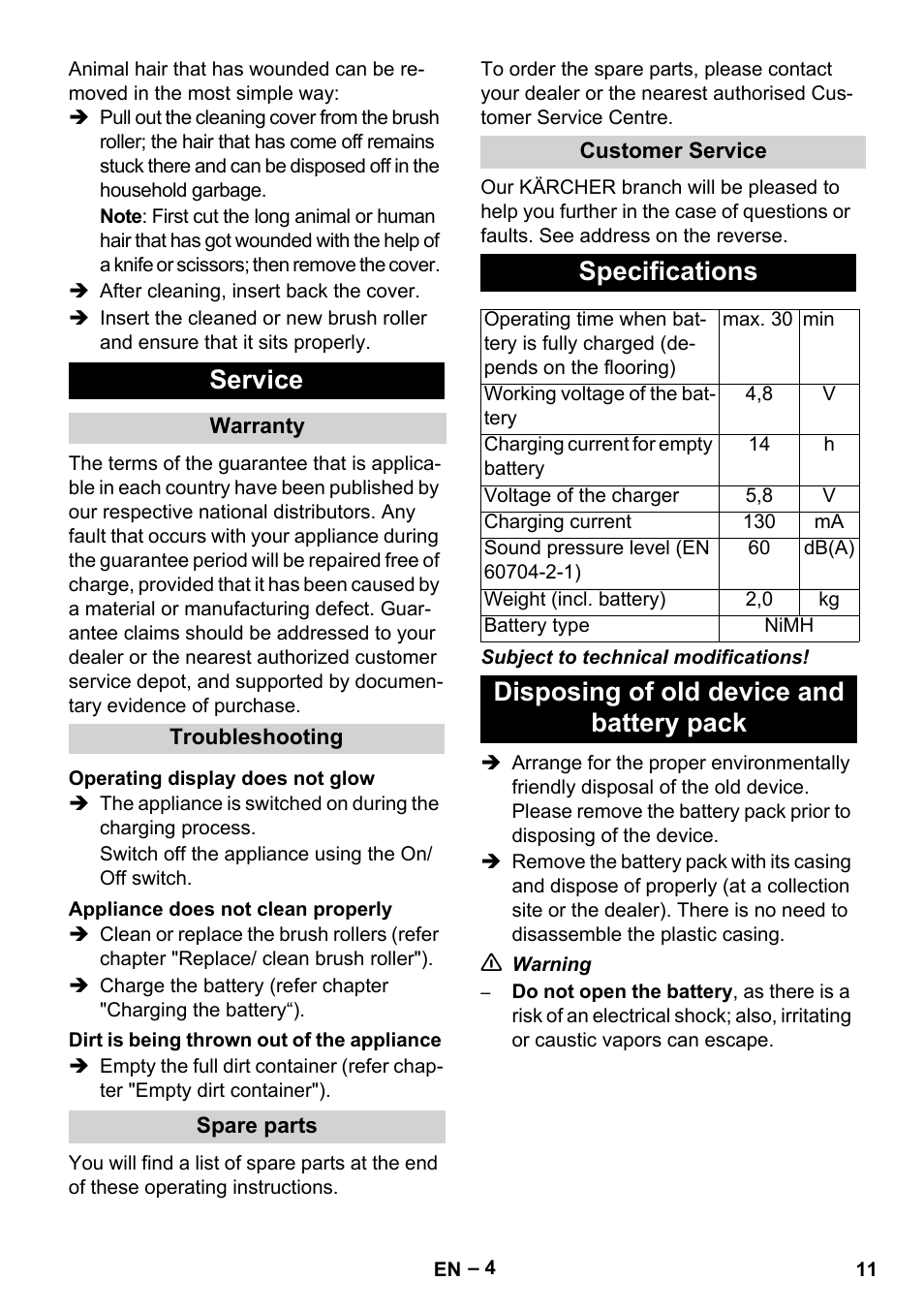 Service, Specifications, Disposing of old device and battery pack | Karcher K 55 Pet Plus User Manual | Page 11 / 136